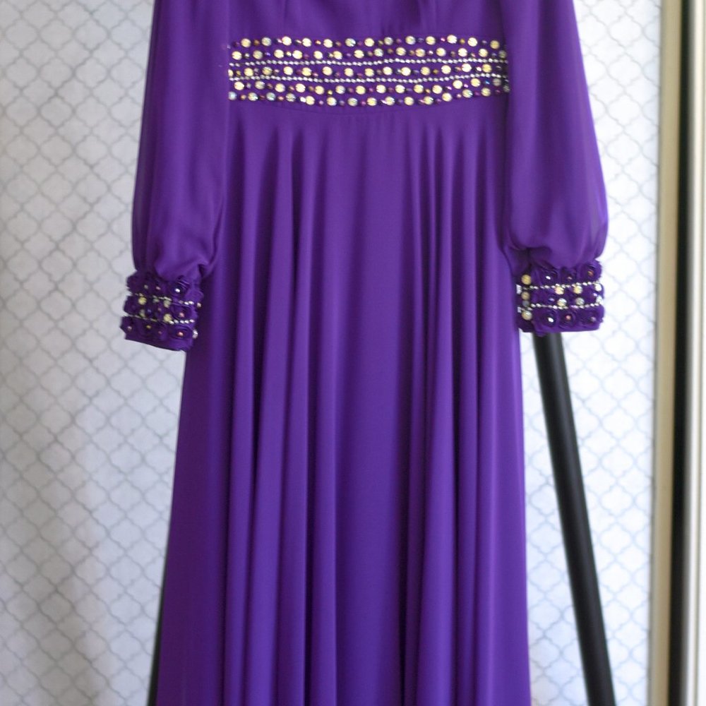 Modest Purple Beaded Gown with Neck and Sleeve Detail, Size 42
